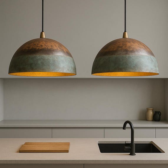 Set of 2 Oxidized Copper Pendant Lamps, Green Patina Art Deco Lighting