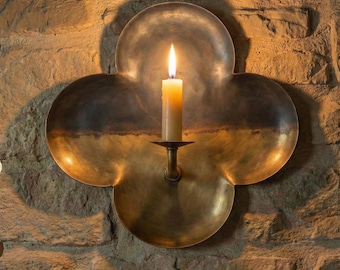 Rustic Brass Quatrefoil Wall Sconce, Patina Candle Holder