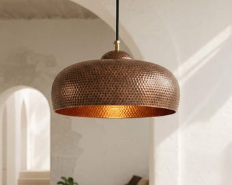 Lampada a sospensione a cupola in rame, illuminazione rustica effetto patina per isola cucina, lampada da soffitto