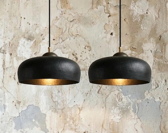 Set of 2 Brass Pendant Lights, Black Patina Farmhouse Kitchen Island Lighting