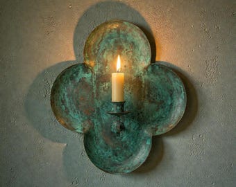 Vintage candlelight Holder, Oxidized Verdigris Candlestick Handler, Aged Copper Wall Sconce