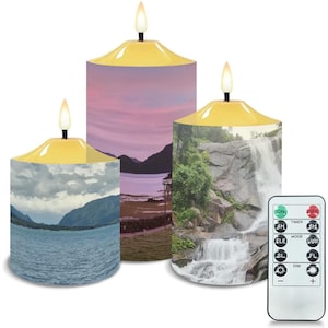 Langkawi Beach & Forest Rainfall LED Flameless Candles Set of 3 Nature-Inspired Malaysia Decor, Remote Battery Operated, Scenic Landscape