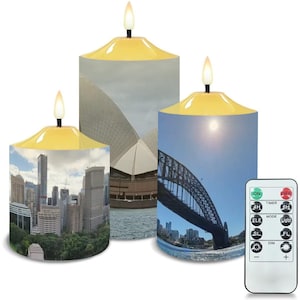 Set of 3 Sydney Skyline Flameless LED Candles with Remote Battery Operated | Flickering Light Modes | Home Decor | UV Printed | No Flame