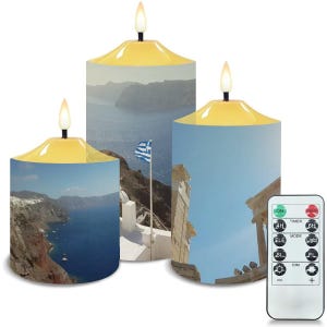 Set of 3 Flameless LED Candles –  Greek Islands & Mediterranean Scenery – Battery Operated, Flickering Light for Serene Home Decor