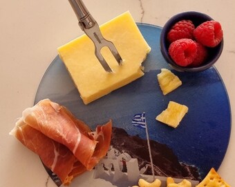 Santorini Customizable Tempered Glass Cheese Charcuterie Cutting Board: Mediterranean Kitchen Decor - Christmas Entertaining Gift