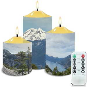 Vancouver Winter Wonderland Rocky Mountains Flameless Candle Set of 3 – Remote-Controlled LED Candle | Nature Photography | Relaxing Light