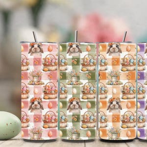 Gepersonaliseerde bekerhouder, vakantiecadeau, geïsoleerde bekerhouder voor skinny 20oz. Bloemenmand paashaas ei met plaid