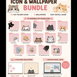 Puede incluir: Un paquete digital que incluye 14 iconos de carpeta con temática de gatos, 2 fondos de pantalla y un video instructivo para la personalización de Mac. El diseño presenta varios gatos ilustrados en carpetas rosas con etiquetas de texto.