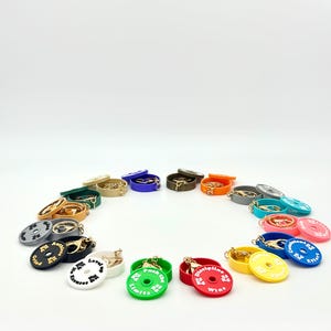 Puede incluir: Una colección de llaveros con forma de discos de pesas de colores, dispuestos en círculo. Cada llavero presenta un pequeño disco de pesas redondo con texto motivacional y una caja del mismo color. Los llaveros están disponibles en varios colores, como rojo, verde, azul y amarillo.