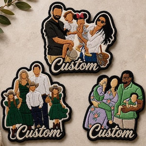 May include: Three embroidered patches featuring faceless family portraits. Each patch depicts a group of people in various outfits, including dresses, shirts, and pants. The word Custom is embroidered in white script at the bottom of each patch.