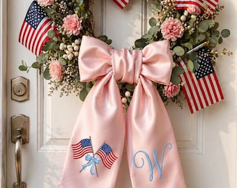 Banda de corona patriótica bordada personalizada, lazo de puerta principal con monograma personalizado