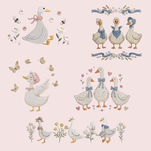 Peut inclure: Illustrations brodées d'oies dans diverses poses, ornées de nœuds, de bonnets et de chapeaux. Des papillons et des motifs floraux entourent les oies sur un fond rose. Les dessins ont une esthétique fantaisiste de livre d'histoires.