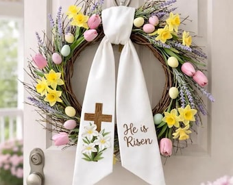 Embroidered He Is Risen Easter Wreath Sash Bow, Cross Door Decor, Christ Holiday Ribbon