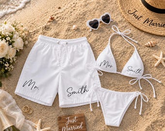 Custom Mr and Mrs Swimsuit Set, Personalized Honeymoon Matching Swimwear, Bride Bikini and Groom Swim Trunks, Custom Last Name Wedding Gift