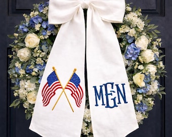 Banda para puerta patriótica bordada, lazo de corona con nombre personalizado, decoración de águila con la bandera estadounidense