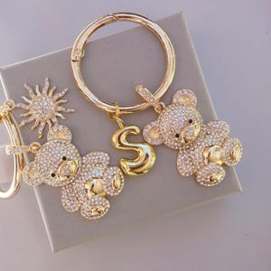 Gold Bubble Initial Charm Keychain with Diamond-Like Bear Sunburst Bag Custom Key Holder
