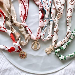 Custom Pendant Scarf Necklace, Bandana Knotted Scarf Necklace,Charm Pendant Necklace, Detachable charm Scarf Necklace,Adjustable Tie Jewelry