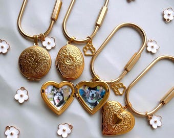 Custom Photo Heart Locket Keychain | 18k Plated with Stainless Steel Gold Locket | Memorial Gift