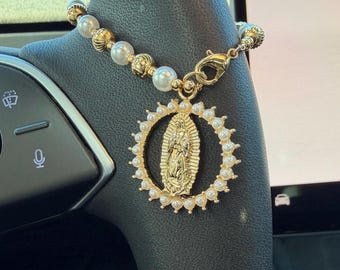 Car Steering Wheel Rosary, Custom Car Rearview mirror Rosary Virgin Mary Charm Accessories,Heart Pearl Car Religious Charms, Custom Pearl