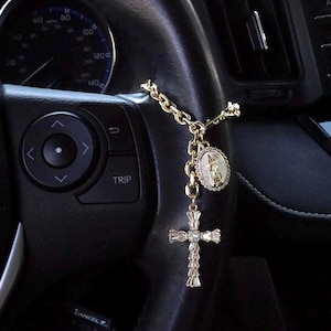 Rosary Virgin Mary Cross Car Charm Steering Wheel with Gold Chain Accessory, Rosary Charm,Car Accessory,Cross Charm Accessory, Gift