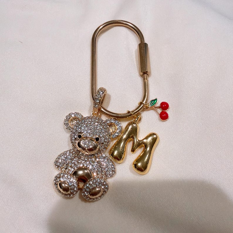 Bubble Initial Bag Charm Cherry Keychain Letters Charm Custom Bag Charms Key Holder Gold Bag Charm Gift Bridesmaid Keychain Gift for Her InitialBigBearCherry