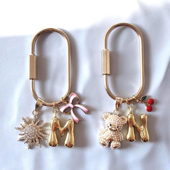 Bubble Initial Bag Charm Cherry Keychain Letters Charm Custom Bag Charms Key Holder Gold Bag Charm Gift Bridesmaid Keychain Gift for Her