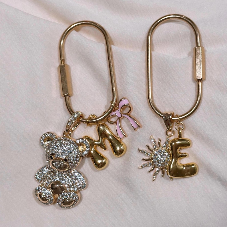 Bubble Initial Bag Charm Cherry Keychain Letters Charm Custom Bag Charms Key Holder Gold Bag Charm Gift Bridesmaid Keychain Gift for Her image 10