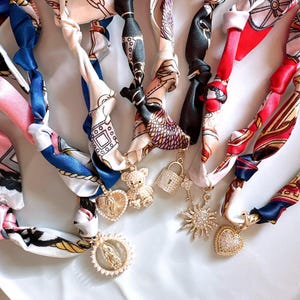 Bandana necklace, Custom Charm Scarf Necklace Design Your Own Bandana Scarf Charm Necklace, Gold Charm Beaded Necklace,Gift for Her