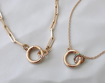 Birthstone Paperclip Round Enhancer Charm Necklace-  Personal Gold Stackable Necklace, Round Carabiner Pendant,18k Stainless Steel Necklace