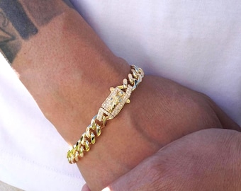 18k Gold Cuban Kettenarmband für Männer, Jungfrau Maria / Saint Jude Spange Luxus Hip Hop Dickes Gliederarmband mit Pave Diamond Look