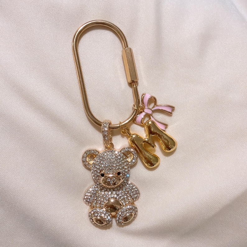 Bubble Initial Bag Charm Cherry Keychain Letters Charm Custom Bag Charms Key Holder Gold Bag Charm Gift Bridesmaid Keychain Gift for Her InitialBigBearBow