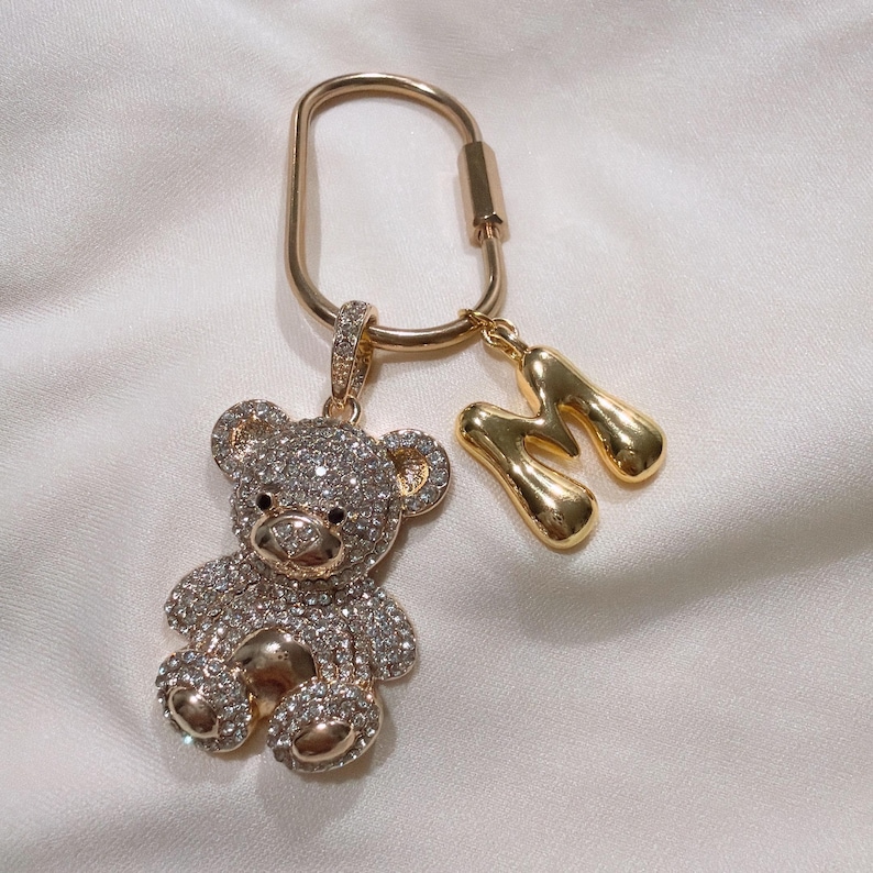 Bubble Initial Bag Charm Cherry Keychain Letters Charm Custom Bag Charms Key Holder Gold Bag Charm Gift Bridesmaid Keychain Gift for Her Initial+ Big Bear