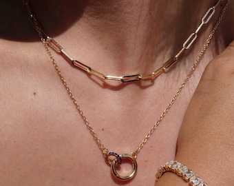 Birthstone Enhancer Charm Necklace- Paperclip Round Personal Enhancer Gold Stackable Necklace, Round Carabiner Pendant, 18k Stainless Steel