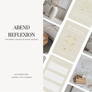 Può includere: Un diario intitolato "ABEND REFLEXION" con il motto "Dein täglicher Abschluss für Klarheit und Ruhe." Il diario è un mini-diario per 10 sere. L'immagine mostra anche una pila di carte con lo stesso titolo e design.