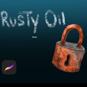 May include: Digital artwork featuring a rusty padlock with a keyhole and a curved handle. The words "Rusty Oil" are written in a chalky font above the lock. The word "Brush" is below the text. A colorful app icon is in the lower left corner.