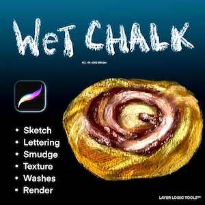 Può includere: Grafica di arte digitale con il testo "Wet Chalk" in lettering bianco stilizzato. Include un'icona dell'app colorata e un'illustrazione a spirale. Include Sketch, Lettering, Smudge, Texture, Washes e Render.