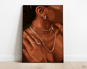 Black Woman Gold Jewelry Art Print, Fashion Illustration (Digital Download)