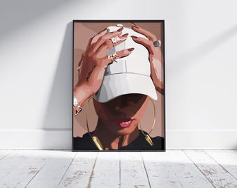 Black Woman Art Print, White Cap Fashion, African American Wall Art (Digital Download)