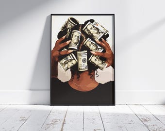 Black Woman Money Hair Art Print, Fashion Wall Art (Digital Download)