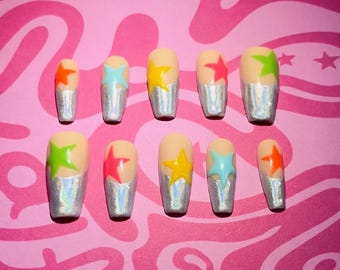 Rainbow Chrome French Star Press Ons