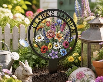 Paletto in metallo personalizzato con nome per giardino fiorito, decorazione da giardino in metallo con fiori selvatici colorati, decorazione per piante da esterno, regalo per giardinieri