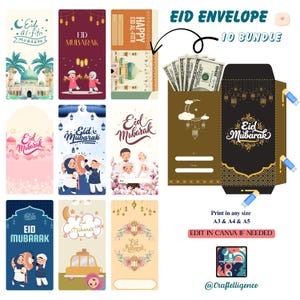 Puede incluir: Sobres y tarjetas de Eid Mubarak con varios diseños. Los sobres son marrones y negros, con un diseño de luna creciente y linternas. Las tarjetas presentan ilustraciones de mezquitas, niños y arreglos florales. El texto incluye "Eid Mubarak".