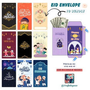 Pode incluir: Uma coleção de envelopes Eid Mubarak em vários designs, com ilustrações e caligrafia árabe. A imagem inclui um envelope roxo com dinheiro dentro e o texto "Happy Eid Al Fitr". O texto "Eid Envelope 10 Bundle" também é visível.