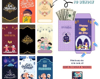 May include: A collection of Eid Mubarak envelopes in various designs, featuring illustrations and Arabic calligraphy. The image includes a purple envelope with money inside and text that says "Happy Eid Al Fitr". The text "Eid Envelope 10 Bundle" is also visible.