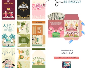 Puede incluir: Una colección de sobres Eid Mubarak con varios diseños. Los sobres presentan ilustraciones de mezquitas, niños y decoraciones festivas. El texto incluye "Eid Mubarak" y "Eid al-Fitr". La imagen también muestra un paquete de 10 sobres.