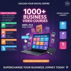 Op de afbeelding: Een promotionele afbeelding met de tekst "1000+ Business Video Courses". De afbeelding bevat een laptop, tablet en smartphones met online inkomstenpictogrammen. Extra tekst benadrukt video cursussen, design en AI automatisering.