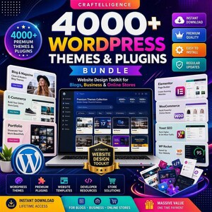 May include: A digital bundle advertisement for 4000+ WordPress themes and plugins, featuring a laptop displaying a dashboard, surrounded by icons for instant download, premium quality, and easy installation, with text detailing website design toolkits.