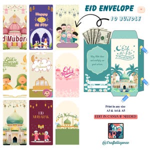 Könnte beinhalten: Eine Sammlung von Eid Mubarak-Umschlägen in verschiedenen Designs. Die Umschläge zeigen Illustrationen von Moscheen, Kindern und festlichen Dekorationen. Der Text "Eid Mubarak" und "Eid al-Fitr" sind deutlich sichtbar. Das Bild enthält auch ein Bündel Bargeld und den Text "10 Bundle".