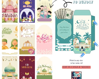 Puede incluir: Una colección de sobres de Eid Mubarak con varios diseños. Los sobres presentan ilustraciones de mezquitas, niños y elementos festivos. El texto "Eid Mubarak" y "Eid al-Fitr" son visibles. La imagen también incluye un fajo de dinero y el texto "10 Bundle".
