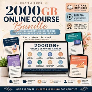 Pode incluir: Um anúncio de produto digital para um pacote de cursos online de 2000 GB com um portátil exibindo uma biblioteca de aprendizagem, rodeado por cartões informativos sobre marketing digital, IA, programação e empreendedorismo.
